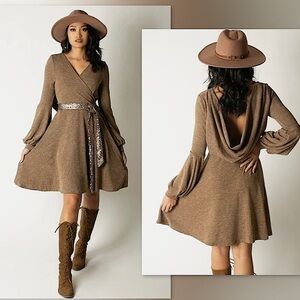 🍈Joyfolie Sarra Mini/Midi Boho Cowl Back Dress in Heather Taupe, XS NWT✨